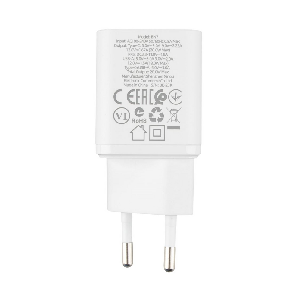 Зарядний пристрій Borofone BN7 (1USB + 1USB-C) 20W+ кабель Type-C to Type-C Білий (White) 126934 фото