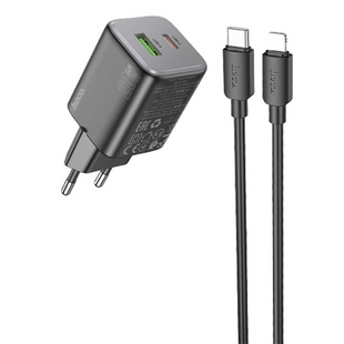 Зарядний пристрій Hoco N41 Almighty PD20W+QC3.0 (1USB-A/1C) + кабель Type-C to Lightning Чорний (Black) 166251 фото