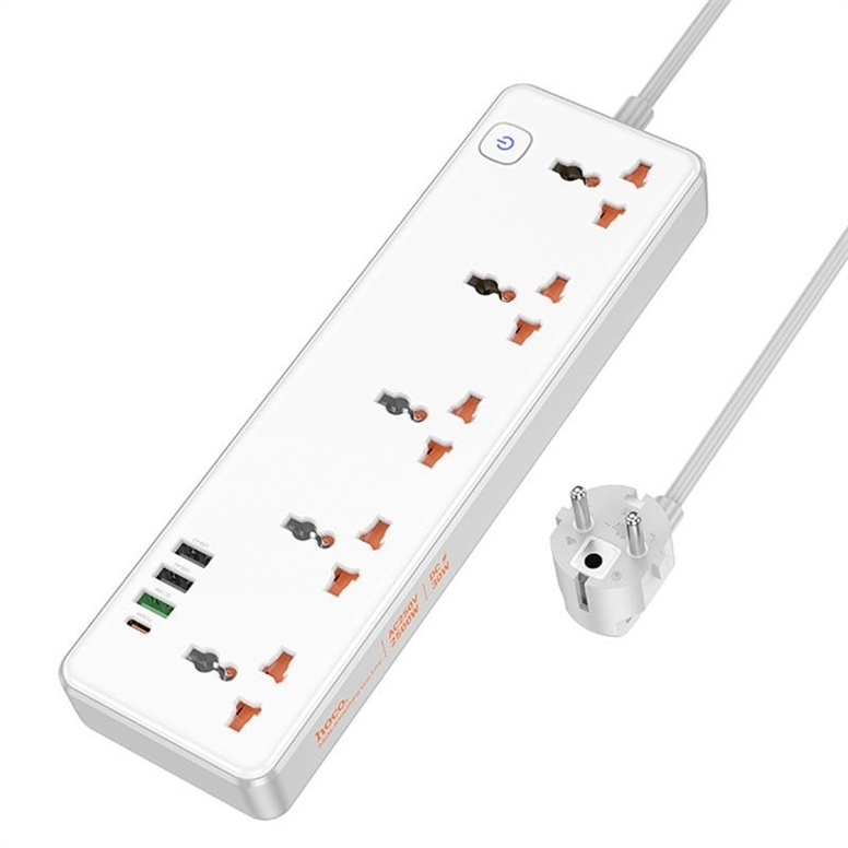 Мережевий фільтр Hoco AC14A Rico PD30W (3USB-A/1C/5xSocket) (1.5м) Білий (White) 166306 фото