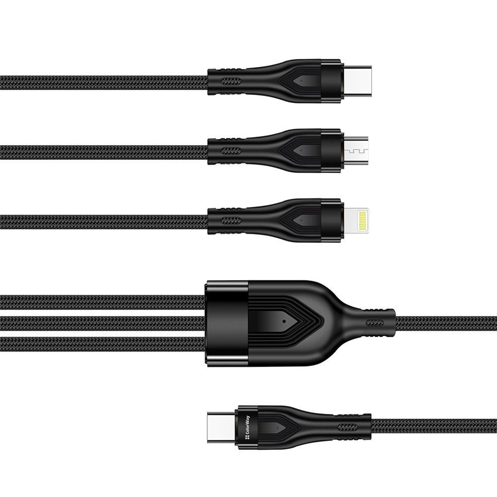 USB кабель ColorWay Lightning + micro USB + USB Type-C 3.0А 1.2м Чорний (Black) 169107 фото