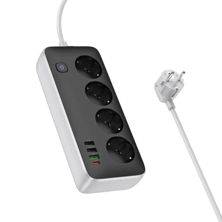 Мережевий фільтр Hoco AC22 Sunlight (PD30W/1C/3A/4xSocket) (3м) Чорний (Black) 166428 фото
