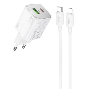 Зарядний пристрій Hoco N41 Almighty PD20W+QC3.0 (1USB-A/1C) + кабель Type-C to Lightning Білий (White) 166252 фото