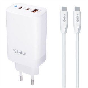 Зарядний пристрій Gelius Elevaro GP-HC065 1USB/2Type-C (QC/PD/PPS) 65W+ кабель One Type-C to Type-C Білий (White) 192395 фото
