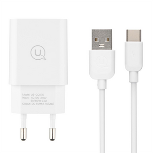 Зарядний пристрій Usams T21 (USB) 2.1A + кабель Type-C Білий (White) 138536 фото