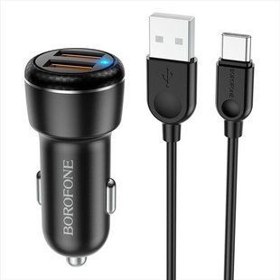 Автомобільний зарядний пристрій Borofone BZ17 Core QC3.0 3A (2USB-A) + кабель USB to Type-C Чорний (Black) 184822 фото