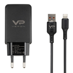 Зарядний пристрій Veron VR-C13Q 3A 18W + кабель Lightning Чорний (Black) 110088 фото