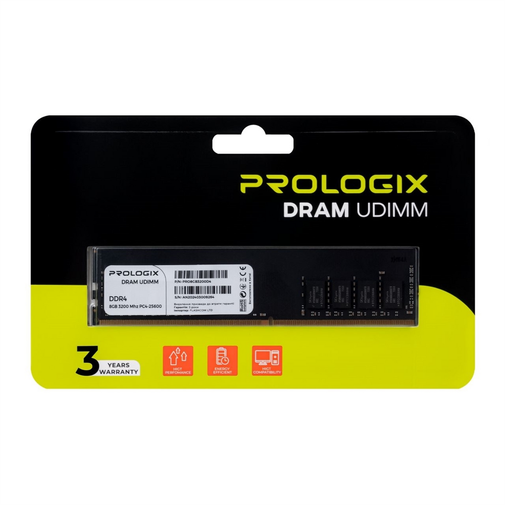 Модуль пам'яті DDR4 8GB/3200 Prologix (PRO8GB3200D4) Чорний (Black) 209885 фото