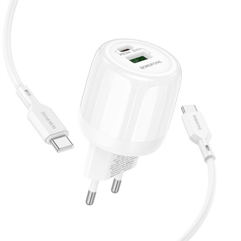 Зарядний пристрій Borofone BA93A Lustrous PD20W+QC3.0 (1USB-A/1C) + кабель Type-C to Type-C (White) 166368 фото