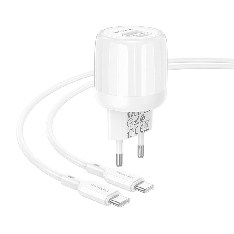 Зарядний пристрій Borofone BA93A Lustrous PD20W+QC3.0 (1USB-A/1C) + кабель Type-C to Type-C (White) 166368 фото