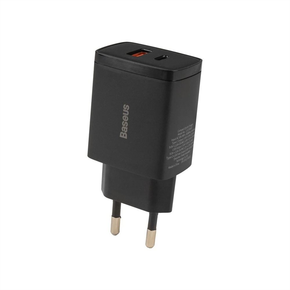 Зарядний пристрій Baseus Compact Quick Charger 20W QC+PD 1Type-C + 1USB Чорний (Black) 96214 фото