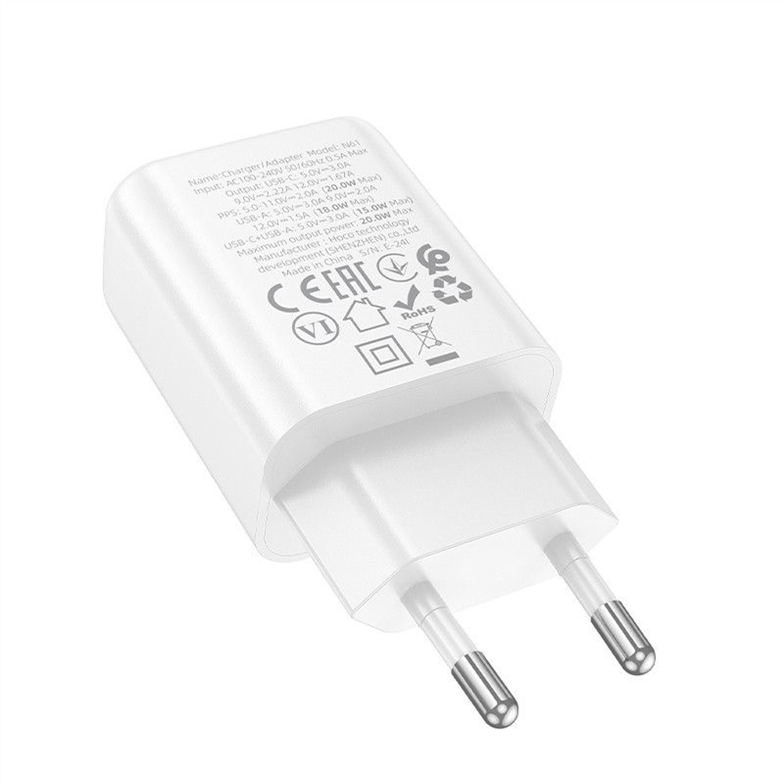 Зарядний пристрій Hoco N61 Gentle Type-C+USB 20W+QC3.0 Білий (White) 166271 фото