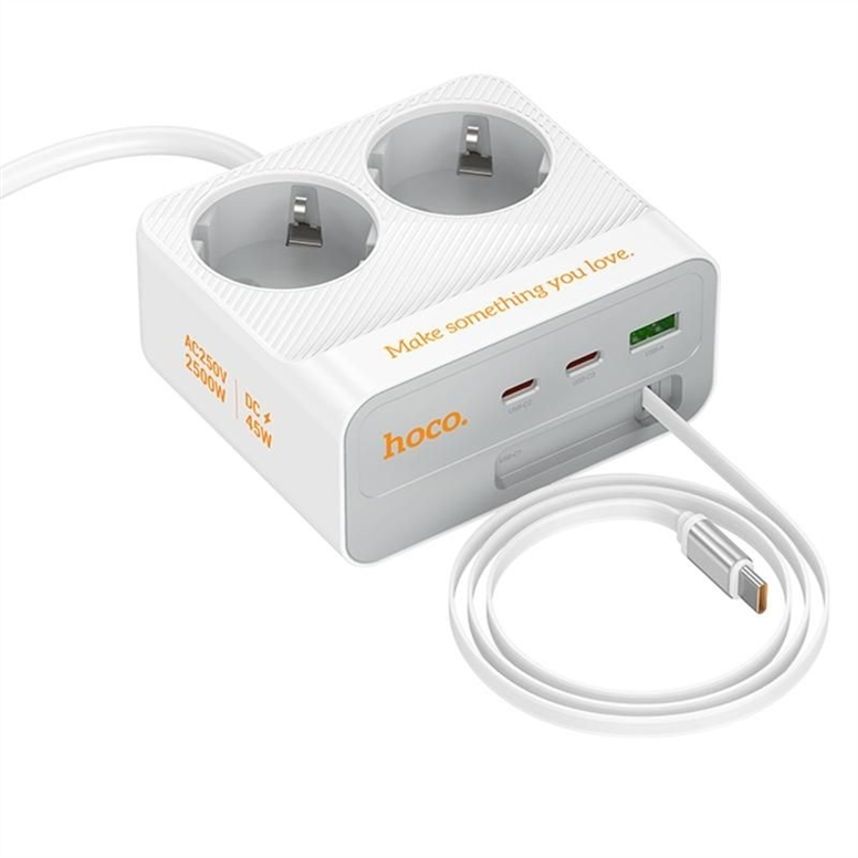 Мережевий фільтр Hoco AC28 Descanso (PD45W/1C/3A/2xSocket) (2м) Білий (White) 166340 фото
