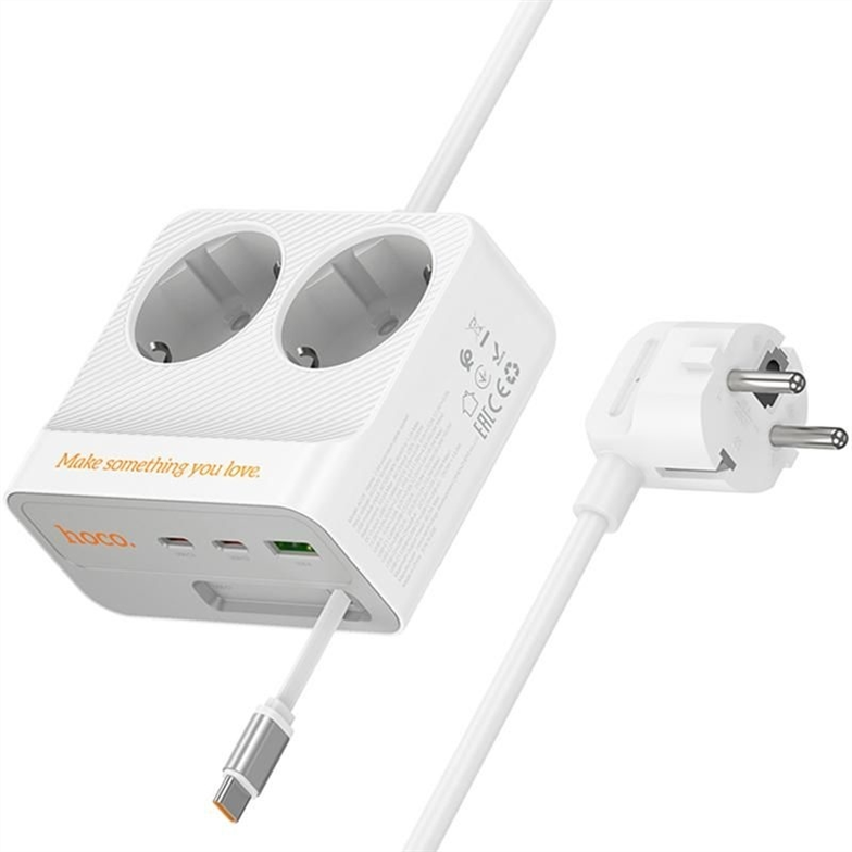 Мережевий фільтр Hoco AC28 Descanso (PD45W/1C/3A/2xSocket) (2м) Білий (White) 166340 фото