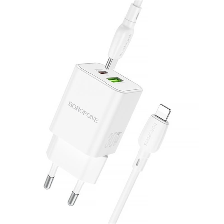 Зарядний пристрій Borofone BN14 Royal PD30W+QC3.0 (1USB-A/1C) + кабель Type-C to Lightning Білий (White) 166386 фото