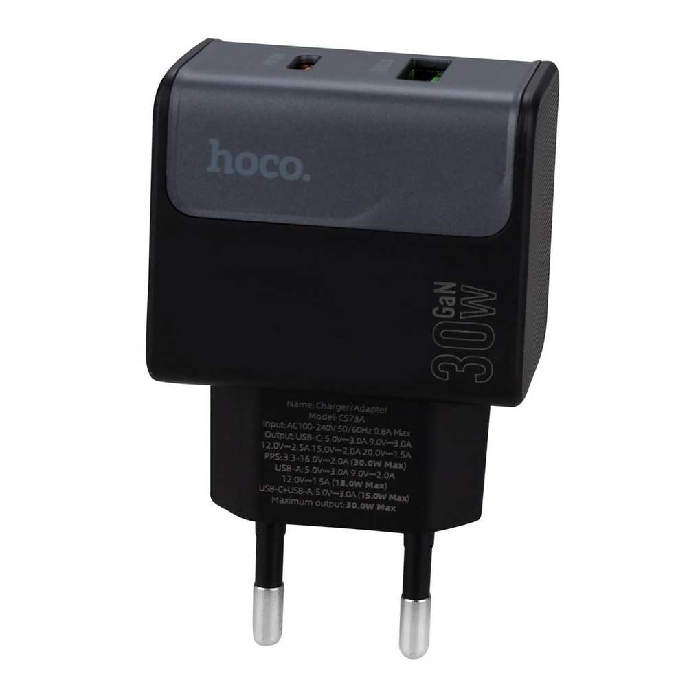 Зарядний пристрій Hoco CS73A (1USB + 1USB-C) PD 30W+ кабель Type-C to Type-C Чорна (Black) 147016 фото