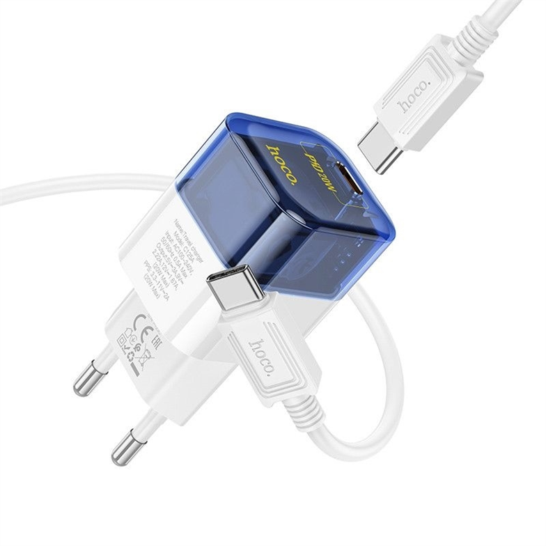 Зарядний пристрій Hoco C125A Transparent PD20W (1USB-C) + кабель Type-C to Type-C Синій (Transparent blue) 166222 фото