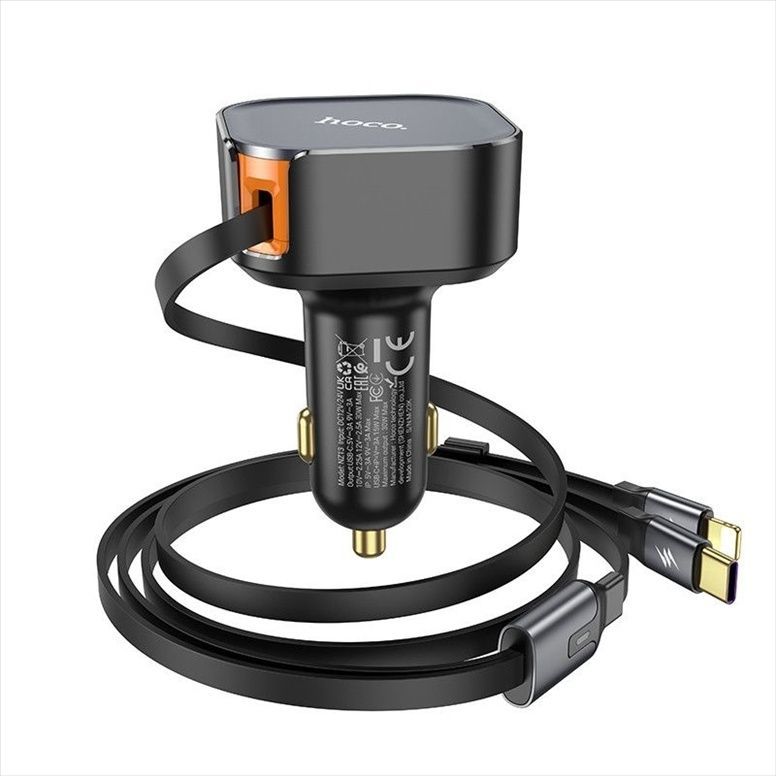 Автомобільний зарядний пристрій Hoco NZ13 Clever PD30W + висувні кабелю Type-C and Lightning Чорний (Black) 167218 фото