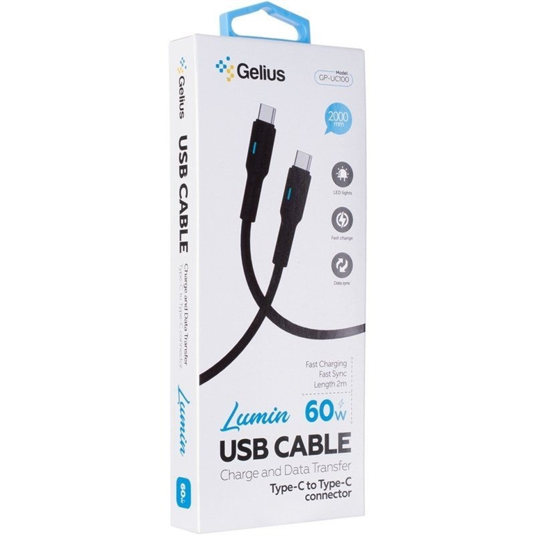 USB кабель Gelius Lumin Lamp GP-UC100 Type-C to Type-C (2м) (60W) Чорний (Black) 171249 фото