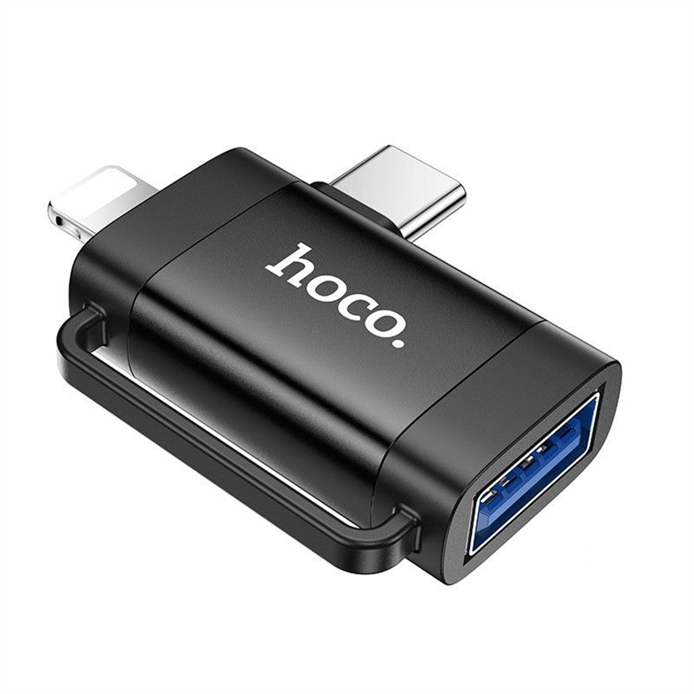 OTG кабель Hoco UA31F OTG 2in1 Lightning male/Type-C male to USB female Чорний (Black) 171082 фото