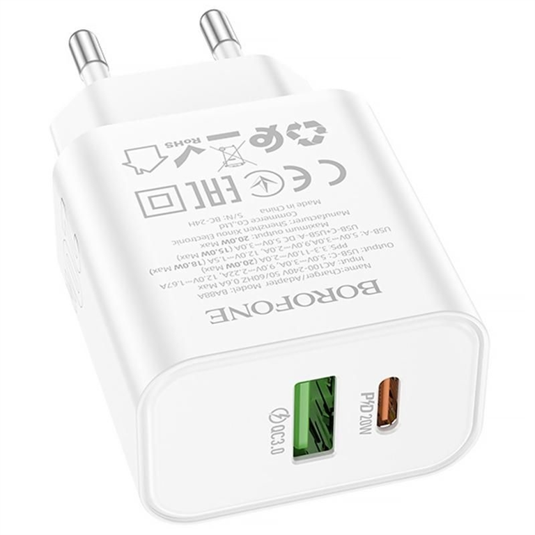 Зарядний пристрій Borofone BA88A Navy PD20W+QC3.0 (1USB-A/1C) Білий (White) 166382 фото