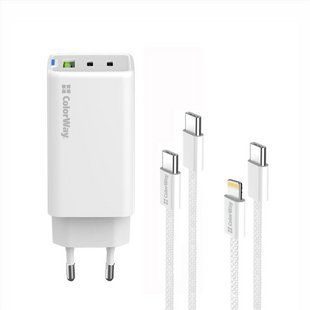 Зарядний пристрій ColorWay GaN Mini 65W PD Port PPS USB (CW-CHS058PDCL-WT) + кабель C&Lightning Білий (White) 166020 фото