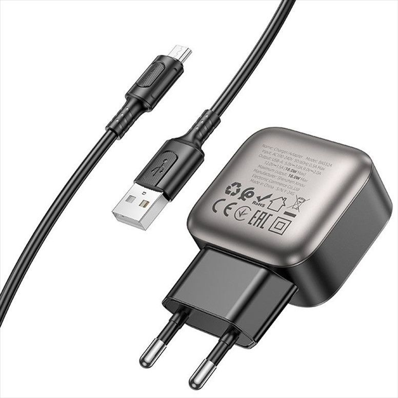 Зарядний пристрій Borofone BAS52A Absolute QC3.0 18W (1USB-A) + кабель USB to MicroUSB Чорний (Black) 166310 фото