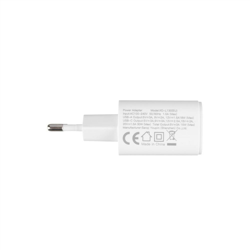 Зарядний пристрій XO L130 (1USB + 1USB-C) PD&QC3.0 30W 3A + кабель Type-C to Type-C Білий (White) 127056 фото